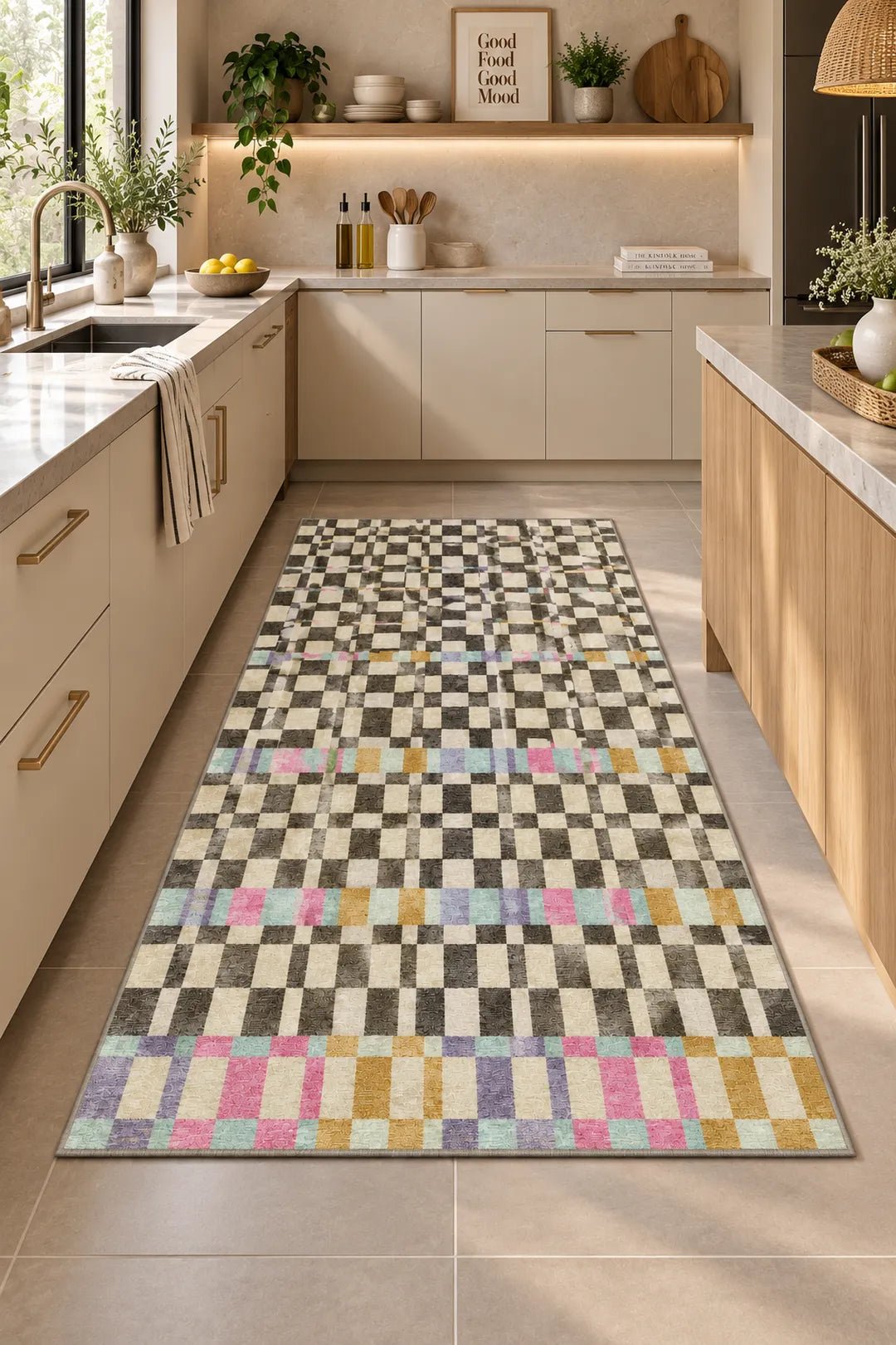 Bistro Check kitchen rug in a styled kitchen