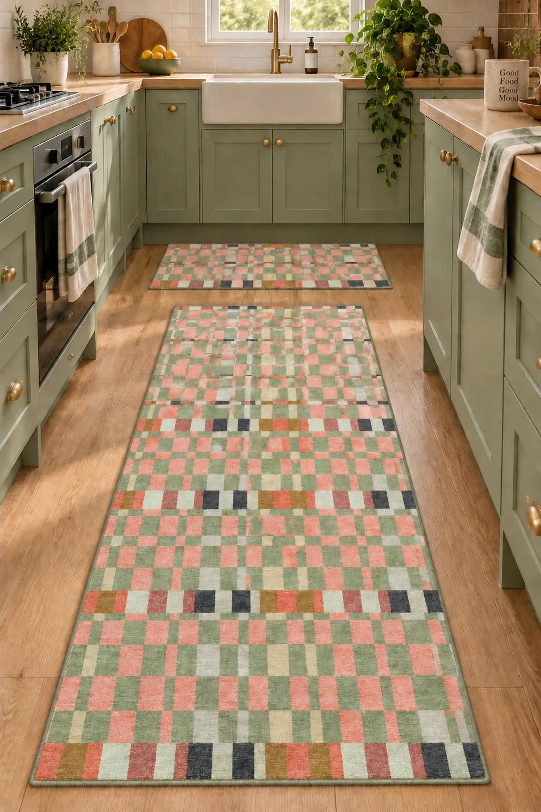 Blush Mosaic kitchen rug in a styled kitchen