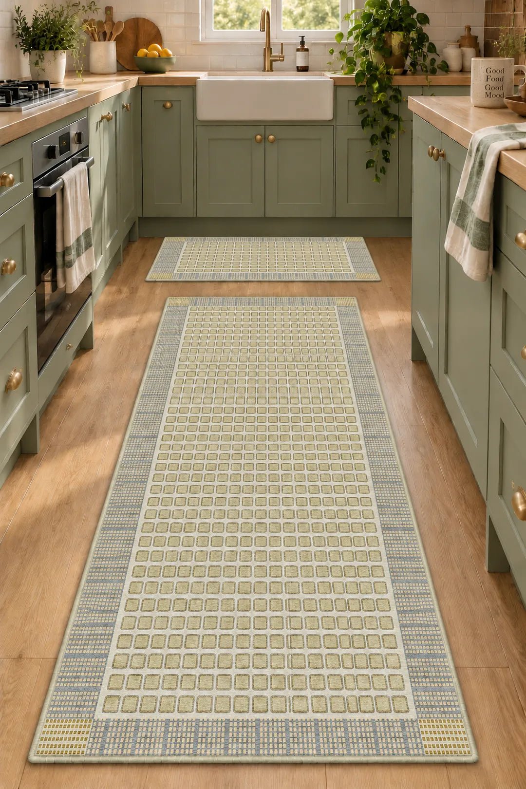 Golden Lattice kitchen rug in a styled kitchen