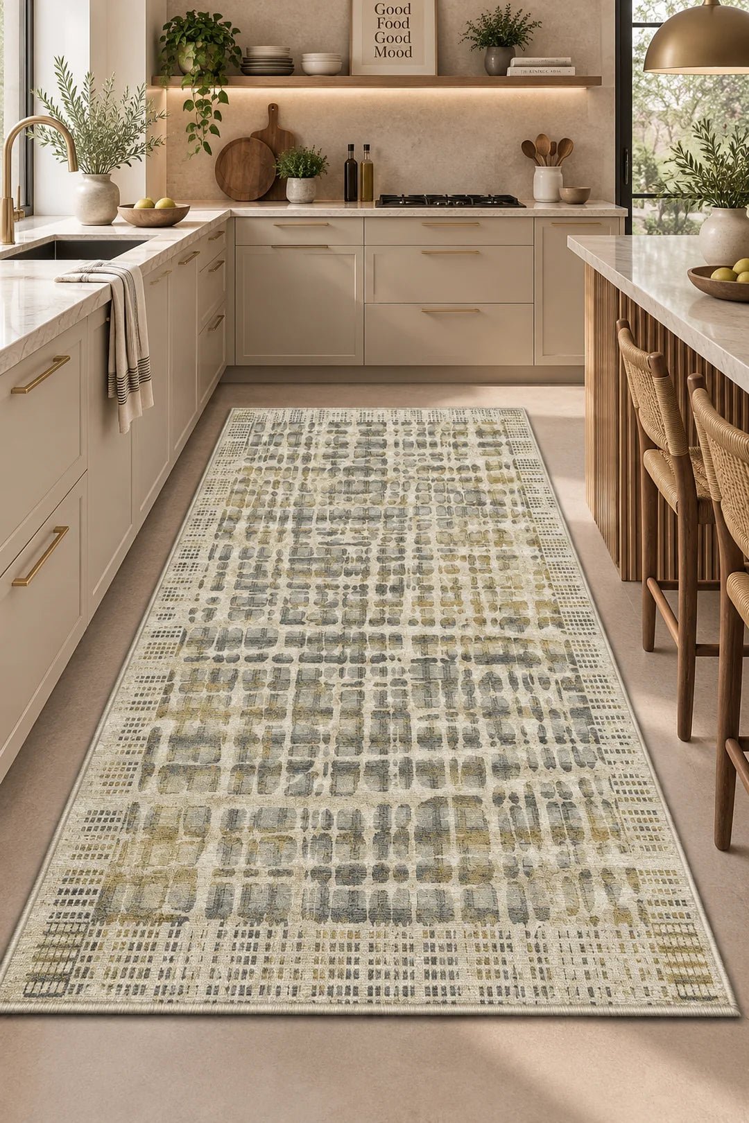 Mist Plaid kitchen rug in a styled kitchen