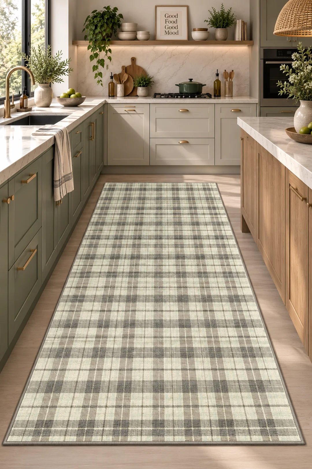 Sage Linen kitchen rug in a styled kitchen